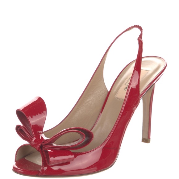 Valentino Red Patent Leather Peep Toe Sling Back Heels Sandals